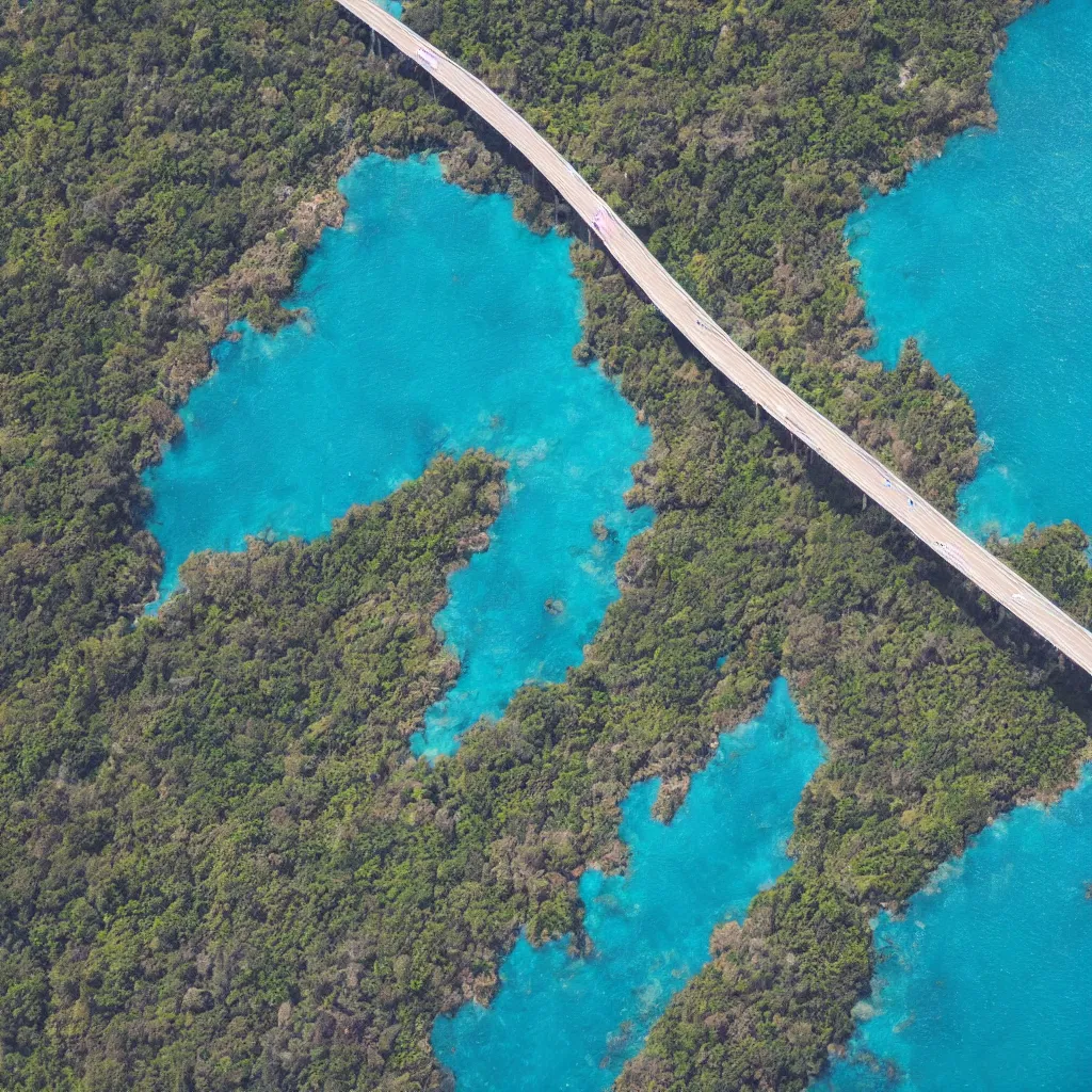 Prompt: single lane bridges winding over wide ocean of bright blue water, birds eye view