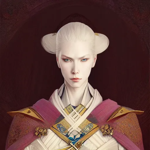 Image similar to a portrait of a beautiful tall and feminine albino supermodel maiko samurai armor, highly detailed, digital painting, artstation, concept art, sharp focus, illustration, art by artgerm and greg rutkowski and alphonse mucha