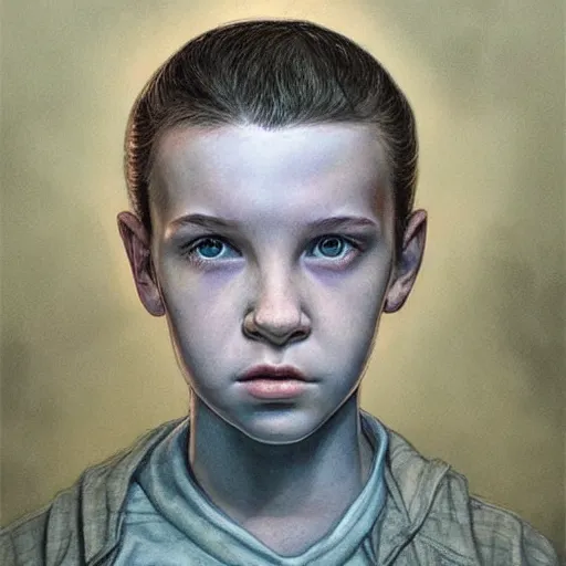 Image similar to beautiful teenage portrait of Eleven from the stranger things by (((Marco Mazzoni ))) marco mazzoni ,dark ,detailed!! ,(((flowers on hair))) ,portrait, side light!!!