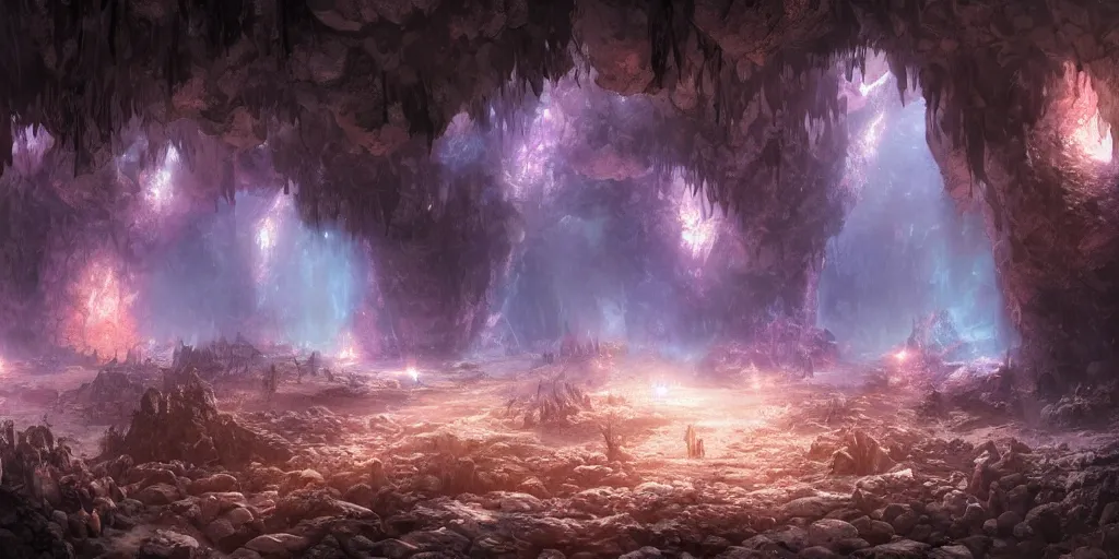 Image similar to fantasy matte painting of a cave with huge glowing crystals in the walls and piles of bones on the floor, fantasy, sharp focus, artstation