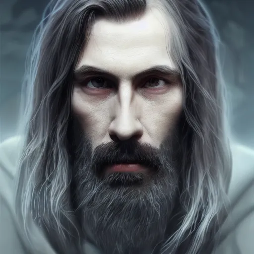 Image similar to a highly detailed portrait of a man without a beard, purple eyes, light gray long hair, wearing a black cloak, artstation, DeviantArt, professional, octane render