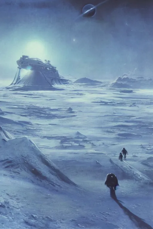 Image similar to emissary space by arthur haas and bruce pennington and john schoenherr, cyborgs, cinematic matte painting, 8 k, planet hoth, dark color palate, mountainscape