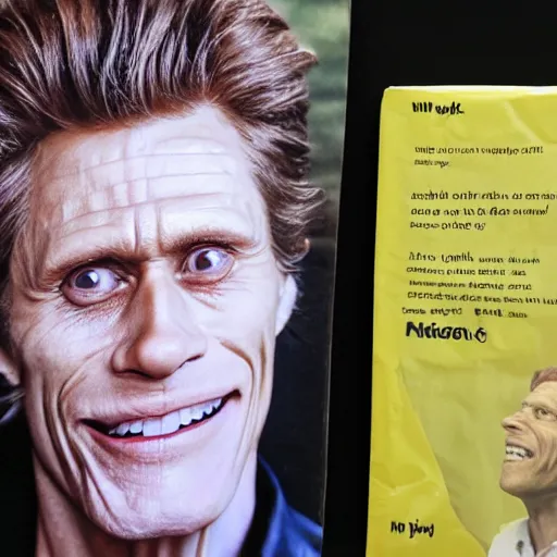 Prompt: a yogurt with the face of willem dafoe on it