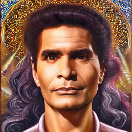 Prompt: a detailed fantasy character portrait of abdel halim hafez as god of art by lauri blank, artgerm, evelyn de morgan, 8K, 50mm lens