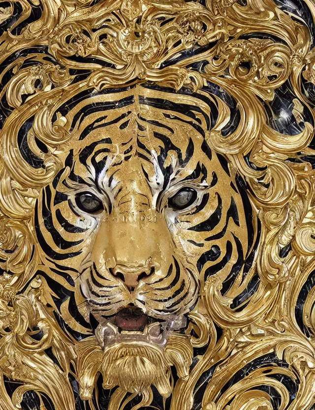 Prompt: beautiful portrait of a large ornate and intricate rococo marble and gold tiger face, hyper detailed, gold plated on white marble, wallpaper pattern