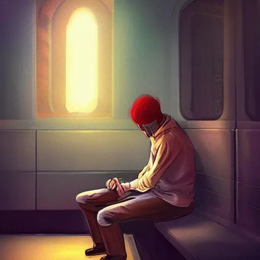 Prompt: a beautiful painting of a lonely man sitting in a subway seat by artgerm, concept art, cinematic lighting