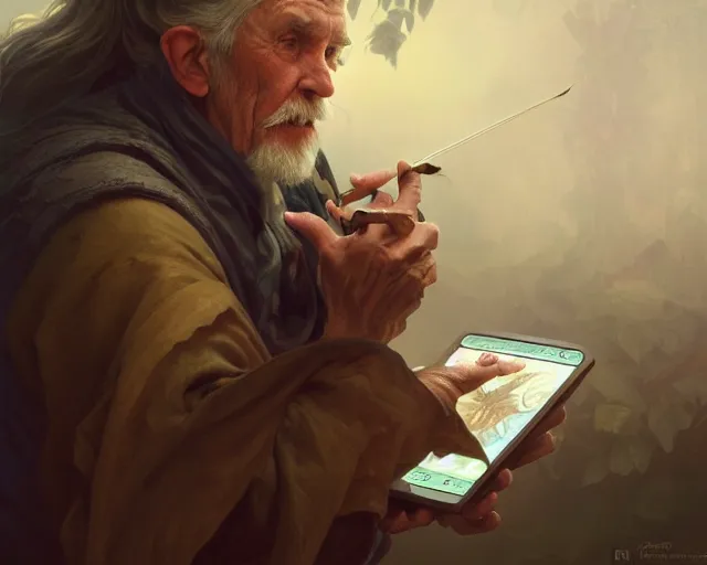 Prompt: photography of an old man trying to use an ipod, deep focus, d & d, fantasy, intricate, elegant, highly detailed, digital painting, artstation, concept art, matte, sharp focus, illustration, hearthstone, art by artgerm and greg rutkowski and alphonse mucha