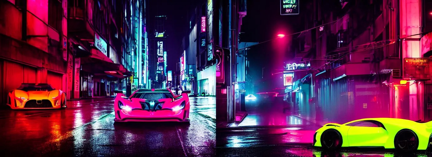 Image similar to a neon hypercar in the dark and rainy city street by Liam Wong