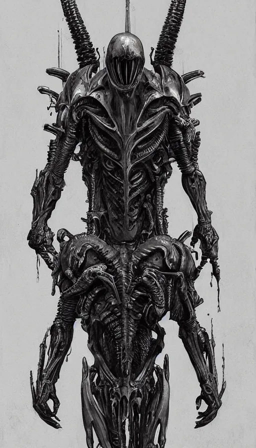 Image similar to Xenomorph themed painting of symmetrical torso black and grey inferno armor with extended evil armored hands concept, intricate artwork by H.R. Giger, Johnatan Wayshak, Zdizslaw Beksinski, Ayami Kojima, Amano, Karol Bak, Moebius, and Mark Brooks, Neo-Gothic, gothic, rich deep colors, art by Takato Yamamoto, masterpiece, face by Artgerm, very coherent artwork, cinematic, hyper realism, high detail, octane render, unreal engine, 8k, High contrast, golden ratio, trending on cgsociety