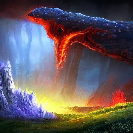 Image similar to a beautiful landscape with a huge teleport to the underworld the underworld is fire and shadow the background is beautiful nature but the background in the shadow world is all fire and monsters digital painting art