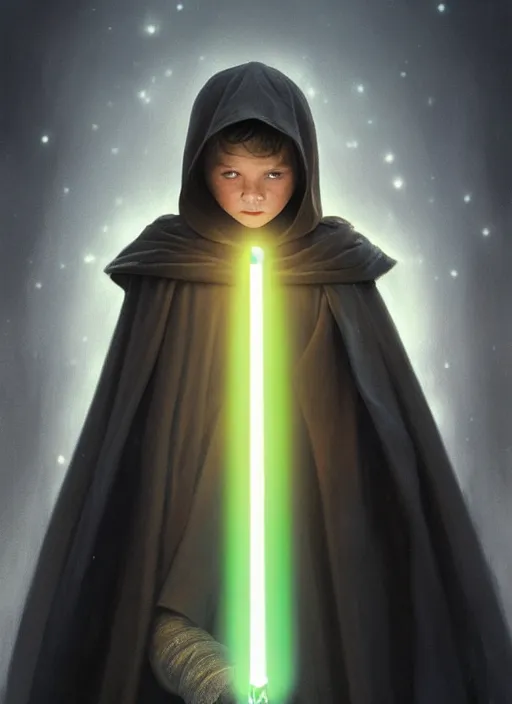 Image similar to perfectly - centered - portrait of a kid wearing black cloak holding light saber, intricate, highly detailed, digital painting, artstation, concept art, smooth, sharp focus, illustration, unreal engine 5, 8 k, art by artgerm and greg rutkowski and alphonse mucha