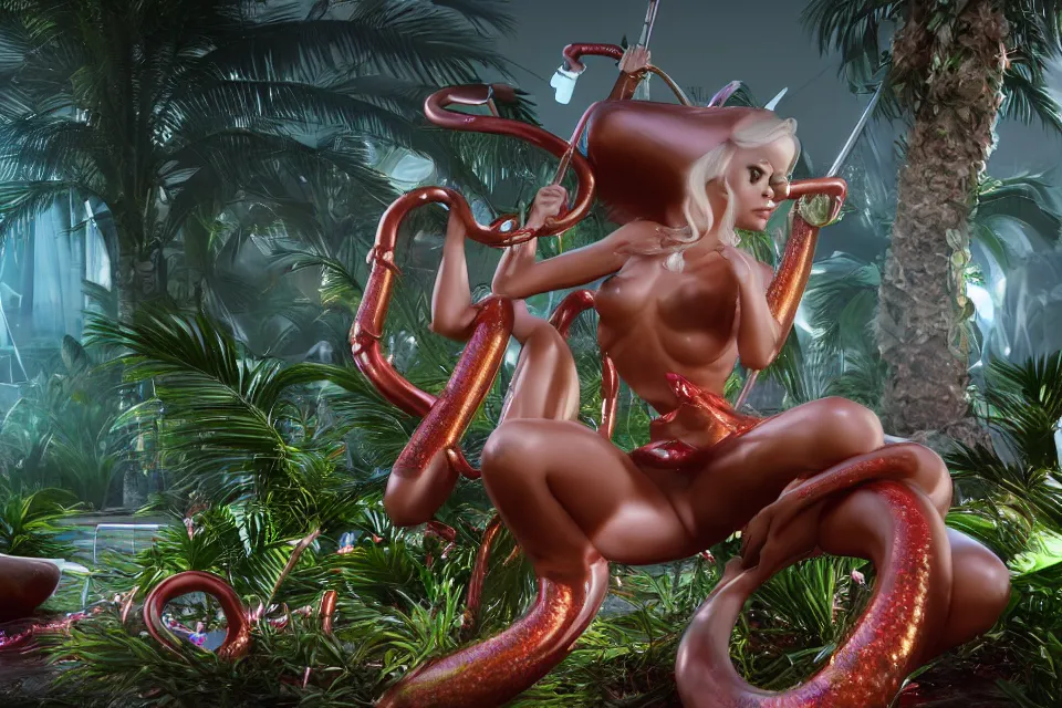 Prompt: 3 d rendering nymph, surrounded by saxophones, palm trees, giant insects, stylized fashion designer modular elite edgy chrome eye candy, volumetric light caustics smoke fog machine, blender c 4 d octane redshift unreal cryengine, by hajime soryama, boris vallejo, jeff koons