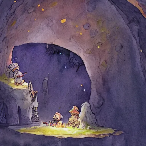 Image similar to dwarf mining for gold in a sparkling dark cave, from ghibli studio, watercolor illustration for book