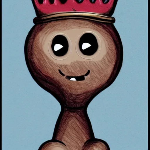 Image similar to a cartoon style bean with eyes and a mouth, holding a staff, wearing kings crown, cartoon, art, cartoon realism,