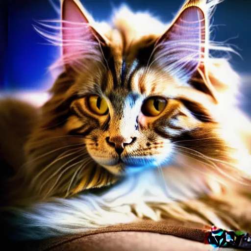 Image similar to portrait cream color maine coon cat curled up, bay window sofa, 8K, 4K, digital art, palette knife, photoshop, sumi-e, oversaturated lens flair, bokeh, sunbeam