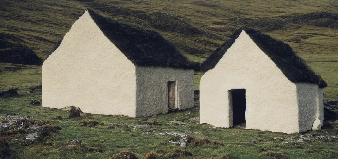 Image similar to scottish blackhouse constructed of ivory - white pentelic marble. fujinon premista 1 9 - 4 5 mm t 2. 9. portra 8 0 0.