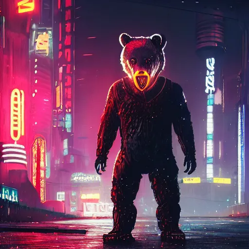 Image similar to matte painting of a fierce bear in modern helmet, red glowing eyes, huge mechanical creatures on the background, rainy night, neon glow concept art, smooth, sharp focus, illustration, cyberpunk 2077, neuromancer, scifi, photorealistic, octane render, 8k