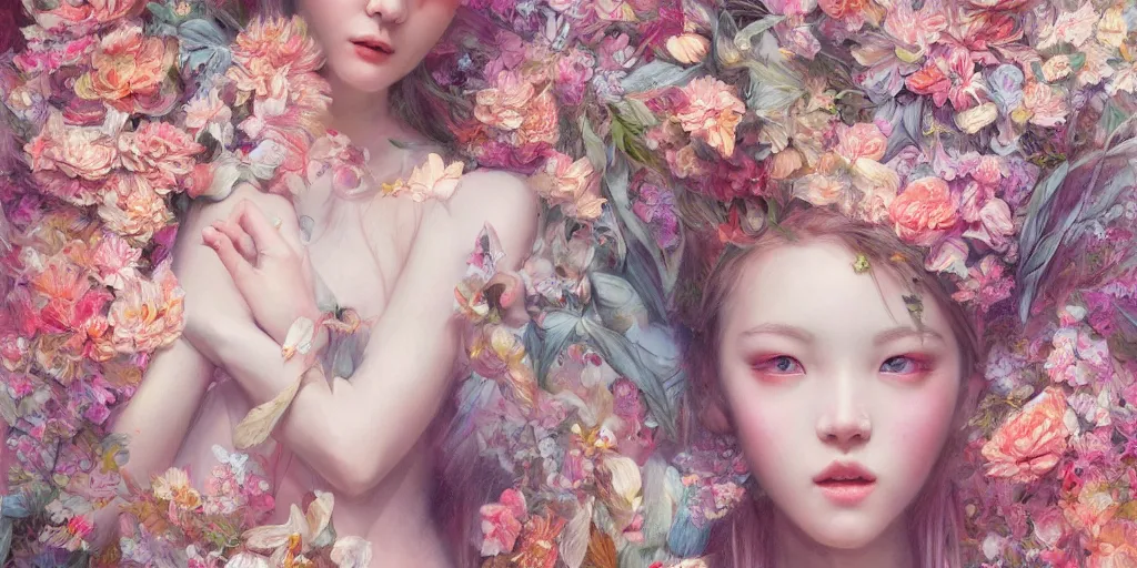 Image similar to breathtaking detailed concept art painting pattern blend of flowers and girls, by soey milk, bizarre compositions, exquisite detail, pastel colors, 8 k