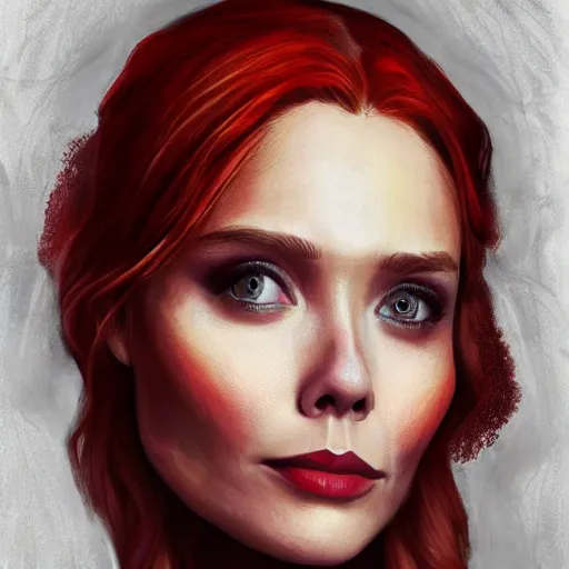 Prompt: Elizabeth Olsen with red hair and crown as Cersei Lannister,a song of ice and fire , fantasy, intricate, elegant, highly detailed, digital painting, artstation, concept art, matte, sharp focus, illustration, art by Osvaldo Germano