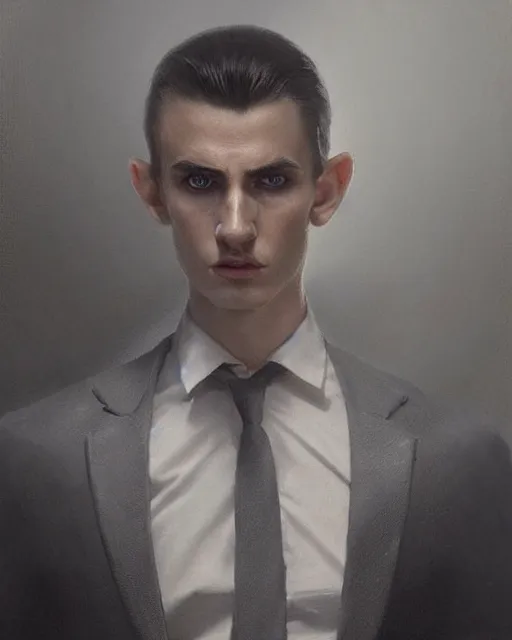 Prompt: A hyper realistic oil painting of a 20 year old high elf with a sharp facial features, dressed in a grey suit, shoulder length black hair, clean shaven, dark eyes, by Greg Rutkowski, creepy atmosphere, moody cinematic lighting, trending on artstation