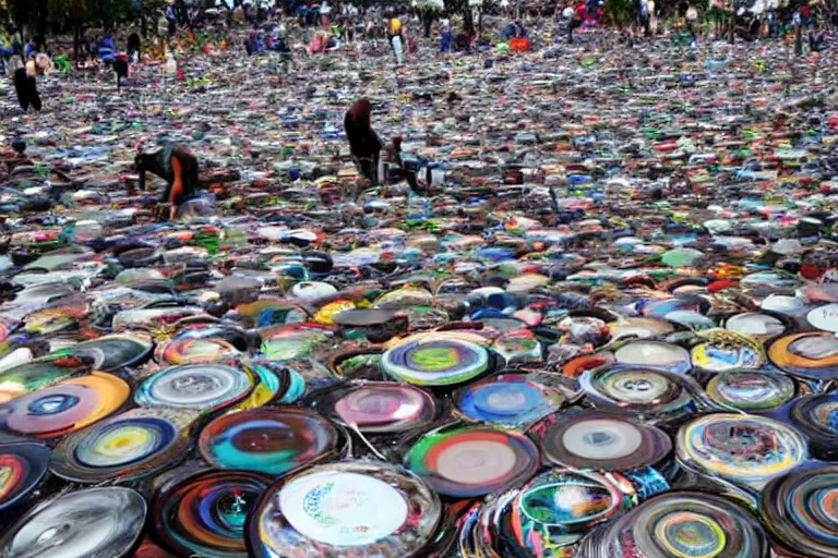 Prompt: sugondese people sorting a giant pile of compact discs