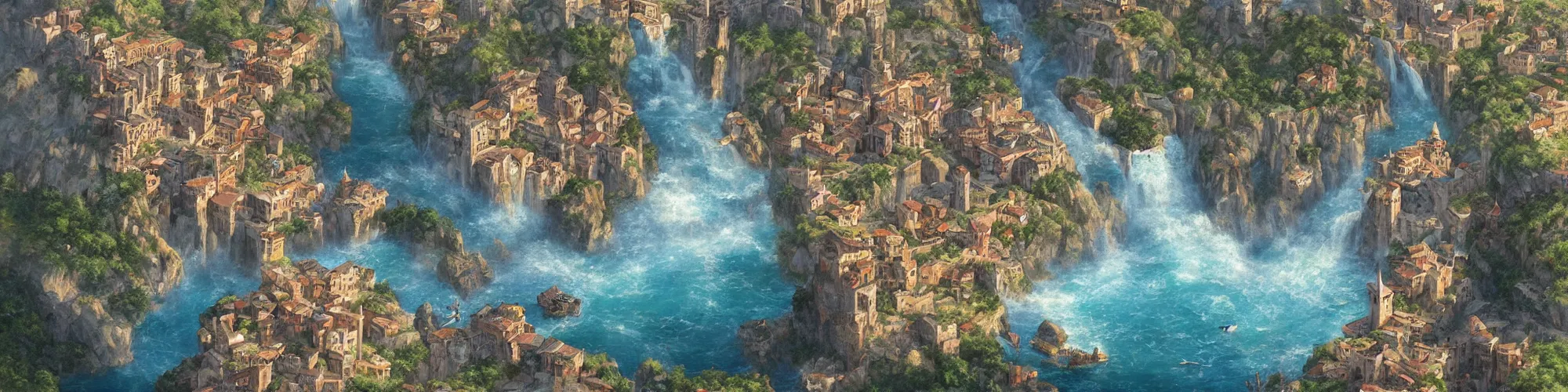 Prompt: Aerial map of a medieval italian city on top of a giant waterfall, D&D, fantasy, brightly colored buildings, highly detailed, digital painting, artstation, smooth, sharp focus, illustration, art by greg rutkowski studio ghibli, cinematic,