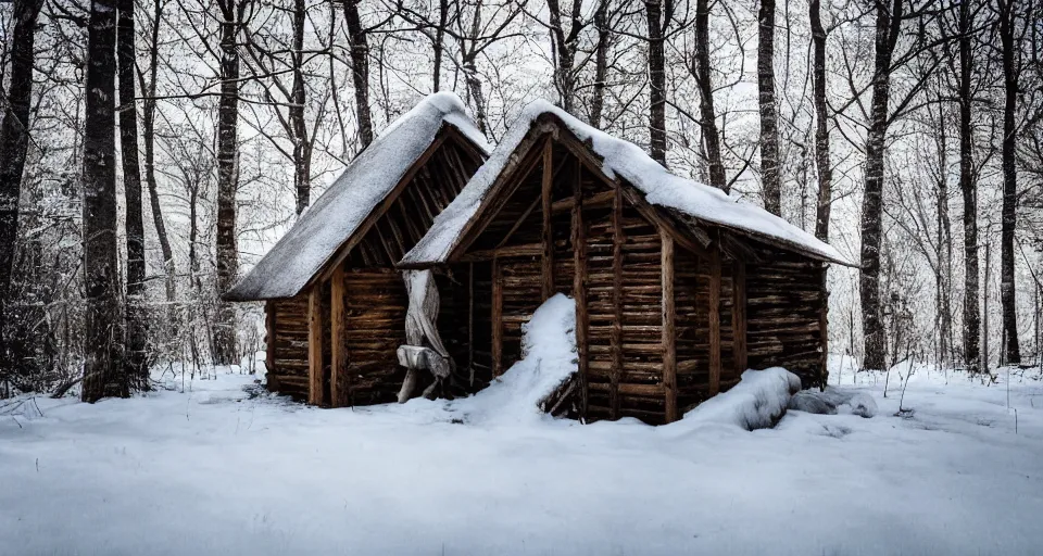 Prompt: a wooden hut at a clearing in the woods, snowy, light inside the hut, realistic, epic composition, epic lighting, 4 k