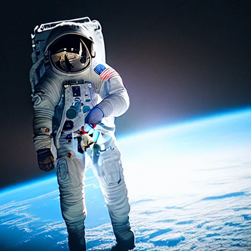 Image similar to photograph of an astronaut in space, singular light source from below, earth only visible below, darkness above, full body photo, amazing light and shadow contrast, 8 k