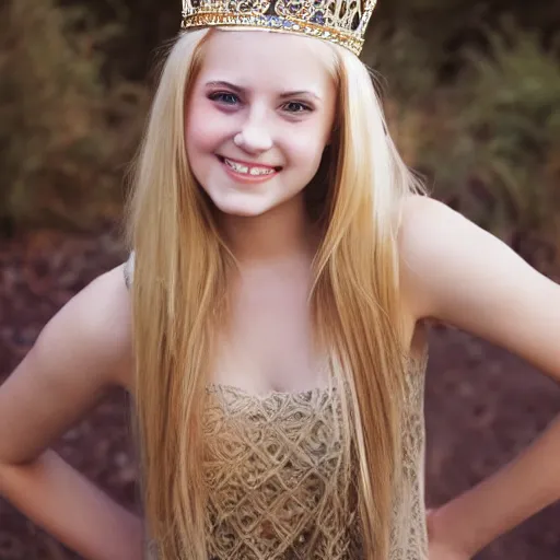 Image similar to photograph of teenage blonde girl with big chest wearing a princess crown and tank top