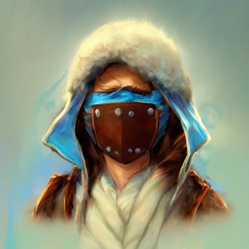 Prompt: snow bandit from ‘ icewind dale ’ with a frost blue gem mask lined with copper, ‘ icewind dale 2 ’ profile portrait by ‘ justin sweet ’, falling snow, soft focus, illustration, oil paint, artstation