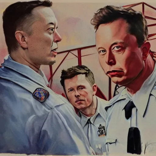 Image similar to elon musk getting arrested painting in the style of norman rockwell