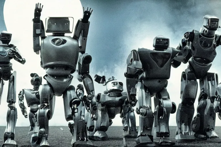 Image similar to a movie still from the 1985 summer blockbuster movie Back to the Robots directed by Steven Spielberg