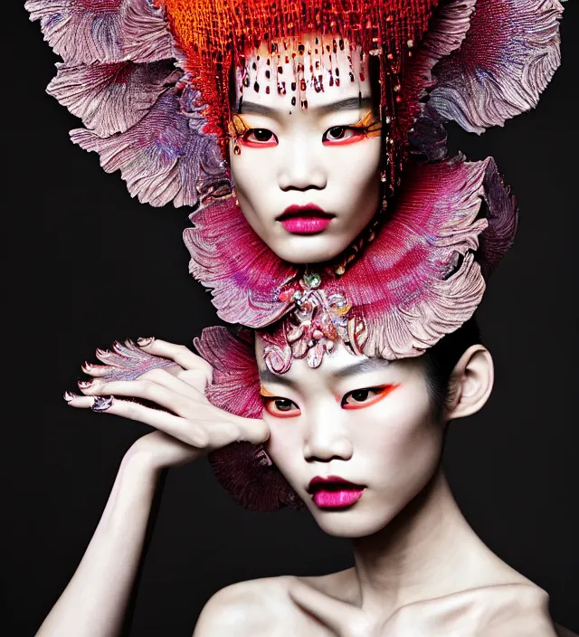 Image similar to photography american portrait of stunning model ming xi. great hair style,, half in shadow, natural pose, natural lighing, rim lighting, wearing an ornate stunning sophistical fluid dress and hat iris van herpen, colorfull newbaroque extreme makeup by benjamin puckey, highly detailed, skin grain detail, photography by paolo roversi