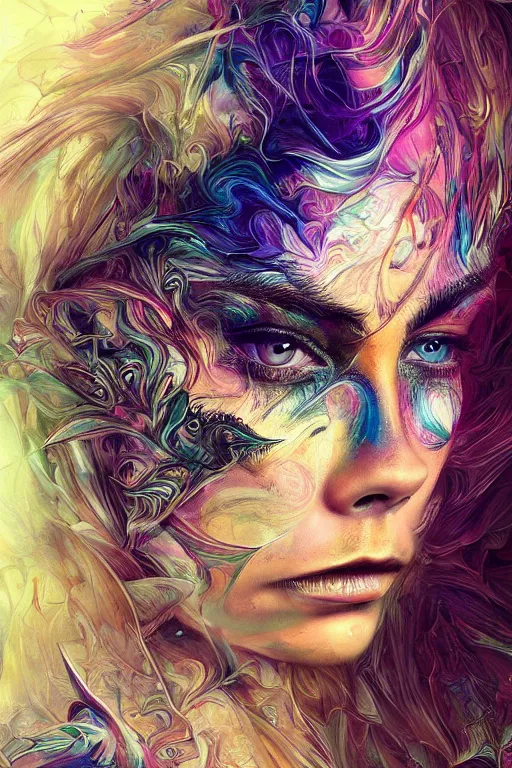 Image similar to !dream an absolutely gorgeous portrait of Cara Delevigne by Android Jones, wings, fractals, Gorgeous colors, face symmetry, insane detail, gorgeous colors, strong composition, awe inspiring lighting, psychedelic, volumetric light, symmetry, subsurface scattering