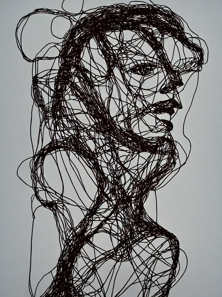 Prompt: original metal wire art about female facial features and body silhouette, dramatic vibe, unique, unusual shapes and curves, influenced by egon schiele