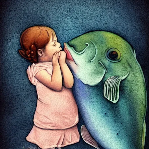 Image similar to the same style. the most beautiful little fat sweet girl is kissing a huge colorful cute fish. modern etching. colored print. hype realistic scene. old photography style. studio lighting. window. 3 d, octane render, deep focus, fashion style, white scene. very funny and sweet art. unreal engine. watercolor