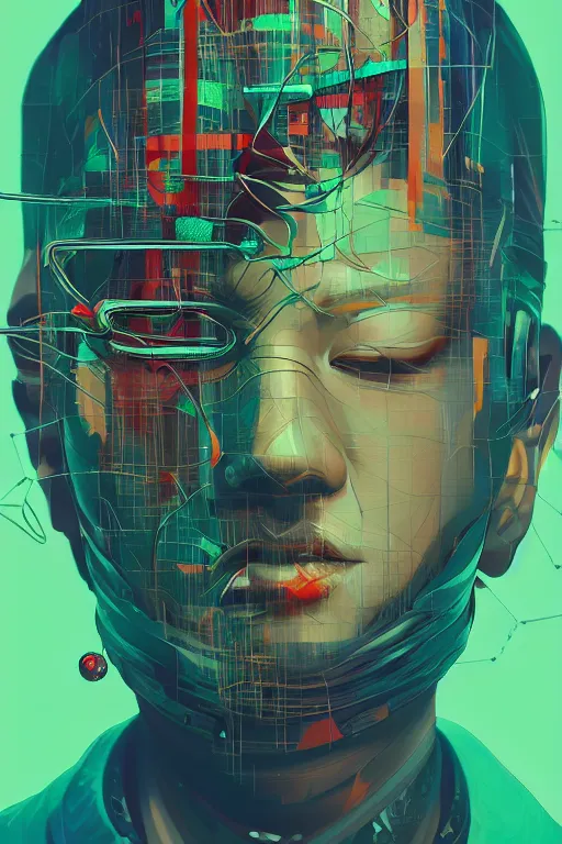 Image similar to abstract portrait, cyberpunk art, floating detailes, very detailed face, leaves by miyazaki, colorful palette illustration, kenneth blom, mental alchemy, james jean, pablo amaringo, naudline pierre, contemporary art, hyper detailed