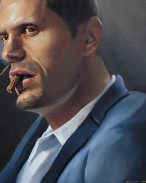 Image similar to Hyper realistic oil portrait of a man in his thirties smoking a cigar, dressed in a blue suit, by Mosh Art, trending on artstation