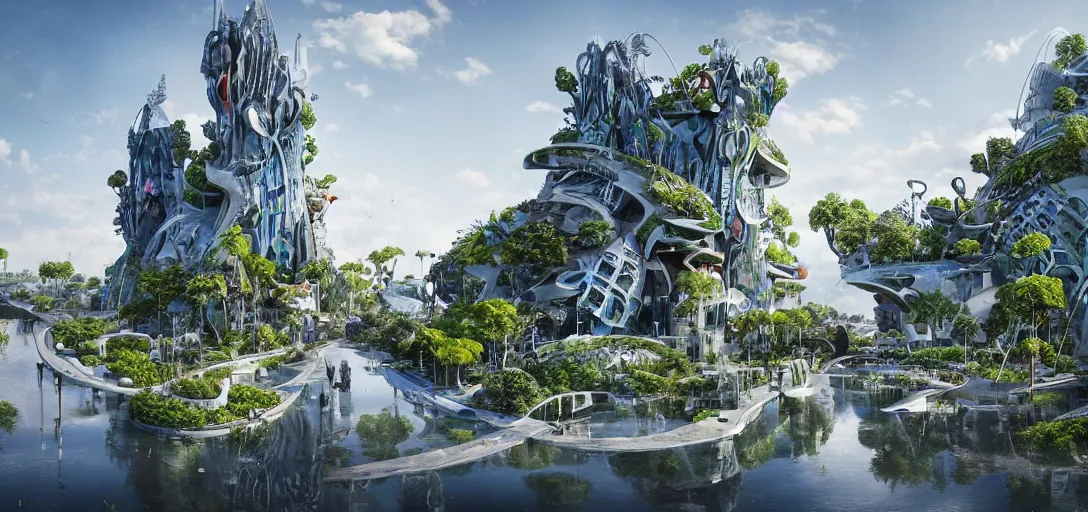 Prompt: highly detailed futuristic architecture by Antoni Gaudí, floating buildings, reflective lighting, empty streetscapes, lush alien vegetation, ground-level view, puddles of water, stunning sunny lighting, sunrise, vivid colors, in the style of pixar animation, trending on Artstation, 8k, matte painting, ray tracing, hyper detailed, unreal engine 5, cinematic, epic lighting, cryengine, octane render, cyberpunk, red and orange glow, vibrant