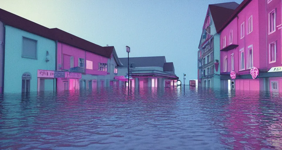 Image similar to 80s vaporwave outrun 3d Render of a german town being flooded, liminal space retro, grainy, noisy, early 90s cgi