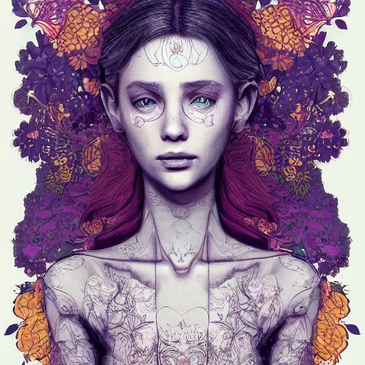 Image similar to the portrait of an incredibly beautiful woman made of potatoes roots and violets, an ultrafine detailed illustration by james jean, final fantasy, intricate linework, bright colors, behance contest winner, vanitas, angular, altermodern, unreal engine 5 highly rendered, global illumination, radiant light, detailed and intricate environment