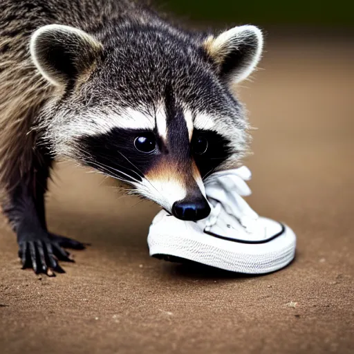 Image similar to a cute raccoon and a white sneaker shoe with its laces undone, highly detailed, hyperrealistic, award winning, national geographic wildlife photo, bokeh, 5 0 mm f 1. 4, soft lighting