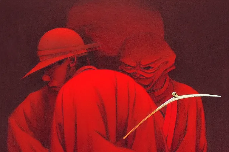 Image similar to only with red, a red samurai harakiri, tokio, a lot of frogs watch, in the style of beksinski, parts by edward hopper, parts by rodcenko, parts by yue minjun, intricate and epic composition, red by caravaggio, insanely quality, highly detailed, masterpiece, red light, artstation, 4 k