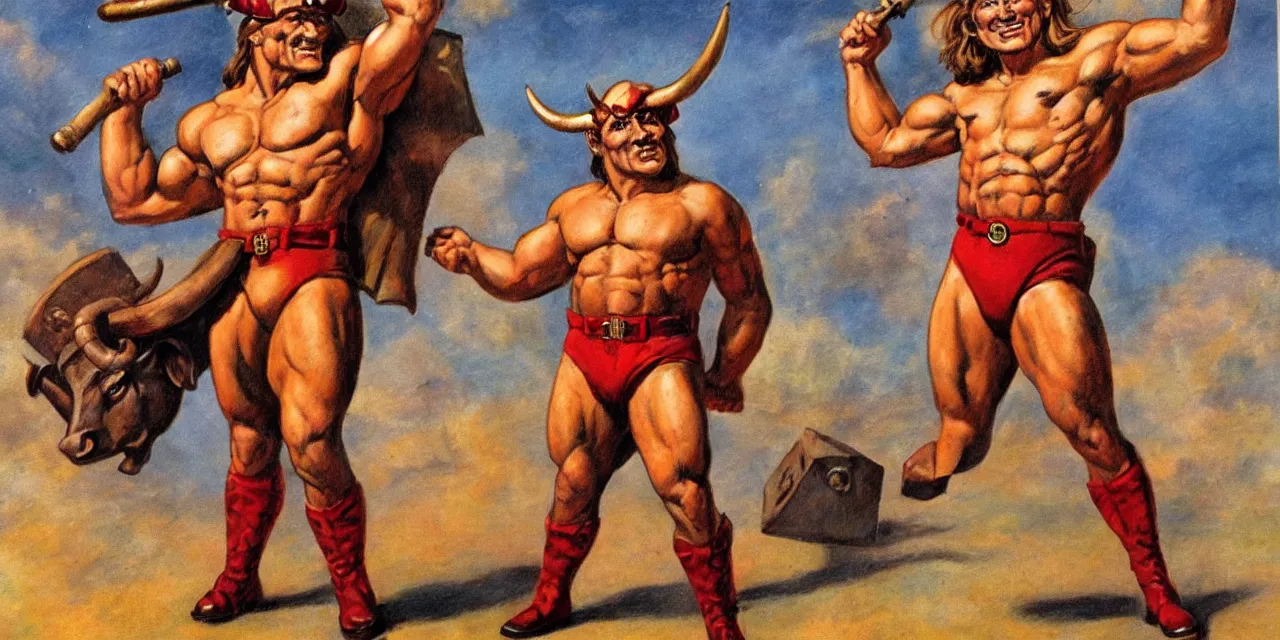 Prompt: minotaur in a fireman outfit, in the style of Frank Franzetta, beefcake