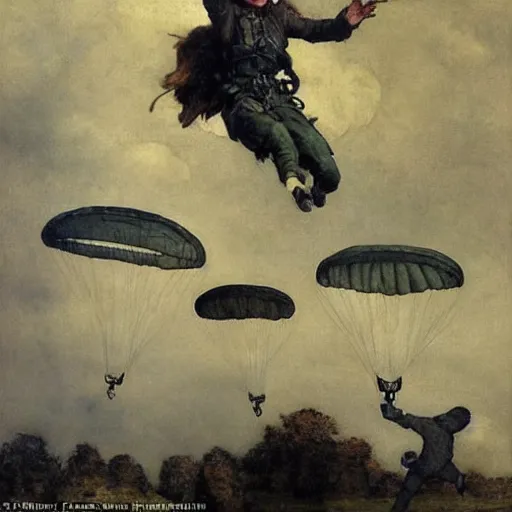 Prompt: airborne paratroopers jumping from parachutes, style of arthur rackham and eugene de blaas and frederic leighton