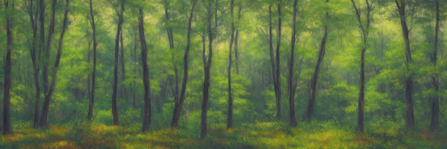 Image similar to a clearing in a forest painted by Bob Ross