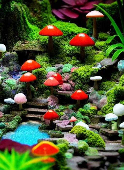 Prompt: low poly total of a porcelain garden las pozas,, low angle shot, soft focus, global illumination, radiant light, colorful aquatic plants, colorful corals, cyberpunk brackets, mushrooms, puffballs, rhizomorphs, octane highly render, 4 k, ultra hd,