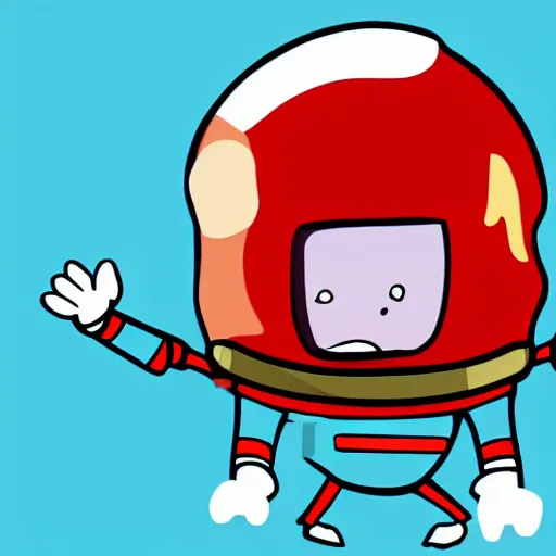 Prompt: 2 d cartoon of a red, short, bean shaped astronaut with a long blue visor