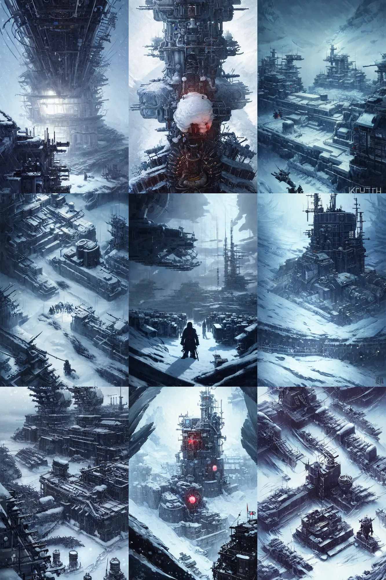 Prompt: portrait of frostpunk japanese arctic military research facility, lots of insignias, realistic, hyper detailed, concept art, in style of pan ren wei, greg rutkowski, ilya kuvshinov, greg tocchini, james gilleard, joe fenton, kaethe butcher, chiaroscuro, anime aesthetic