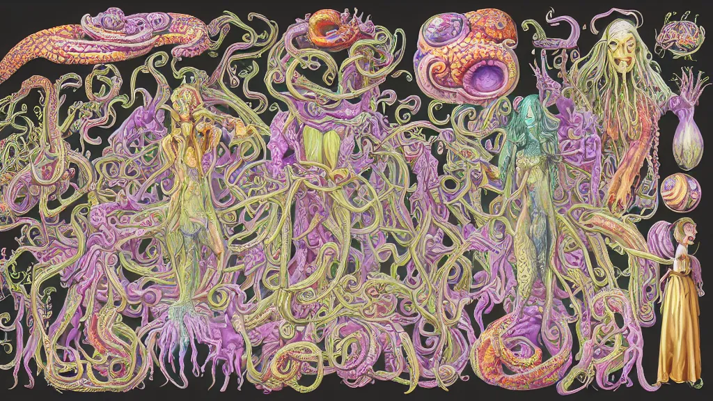 Prompt: highly detailed colorful character sheet for a stocky alien extraterrestrial victorian female servant maid with thick snake - like tentacles instead of hair, long dress with apron, ernst haeckel, jim henson creature shop, coherent, illustration, digital art, trending on artstation, hd, 8 k, good lighting, beautiful, rough paper, masterpiece